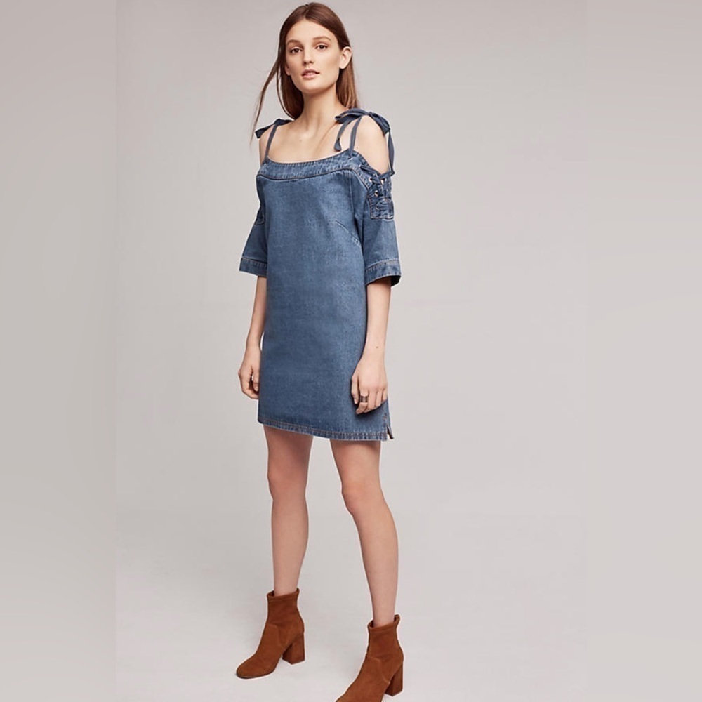 Women’s Anthropology Maeve Denim Boat Neck Blue Dress Size Medium!